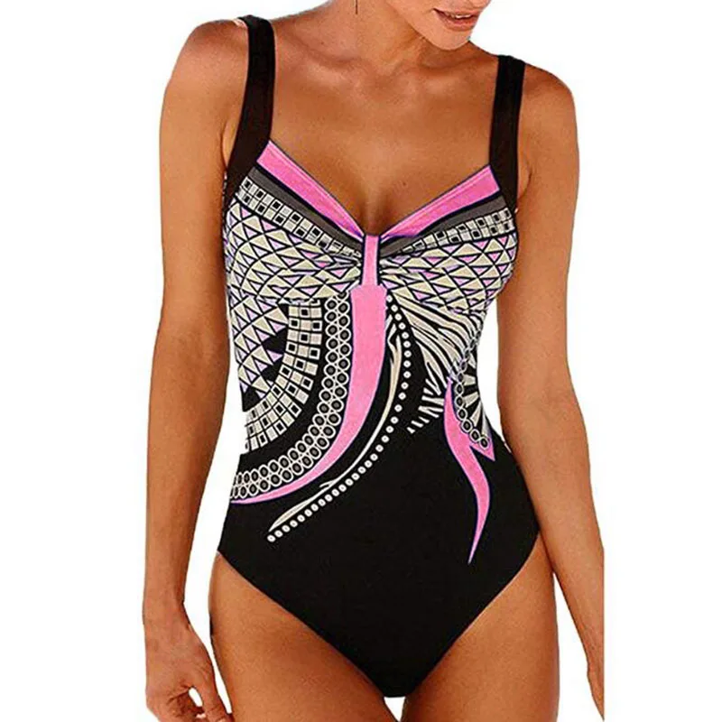 Женский купальник размера плюс, сдельный купальник, v-образный вырез, пляжная одежда, пуш-ап, боди, купальник, Vinatge, Ретро стиль, купальный костюм, XXXL - Цвет: Pink print