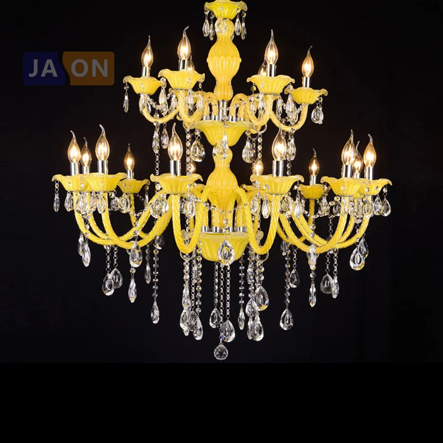 Led E14 European Iron Crystal Glass Yellow Chandelier Lighting Lamparas De Techo Suspension