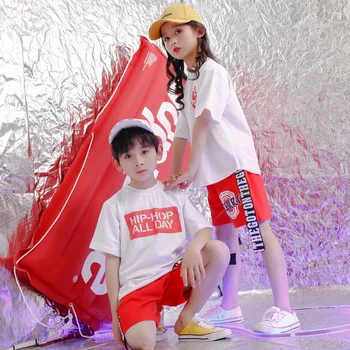 

Kid Hip Hop Clothing Red T Shirt Top Casual Shorts for Girls Boys Jazz Dance Costume Ballroom Dancing Clothes Streetwear