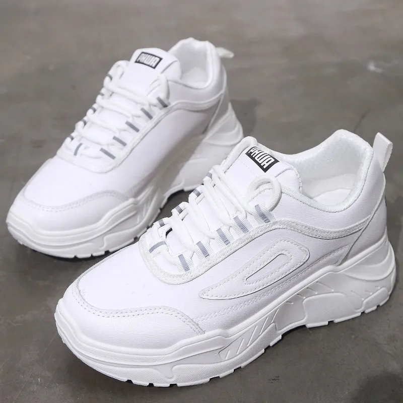 

INS Women Running Shoes ladies Sports shoes White Sneakers female Platform Lace Up Breathable Height Black