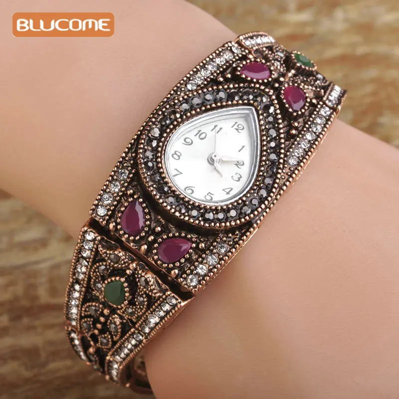 

Blucome Bracelet Watch Vintage Turkish Hand Jewelry Women reloj Antique Gold-color Crystal Clock Bangles pulseras mujer Bijoux