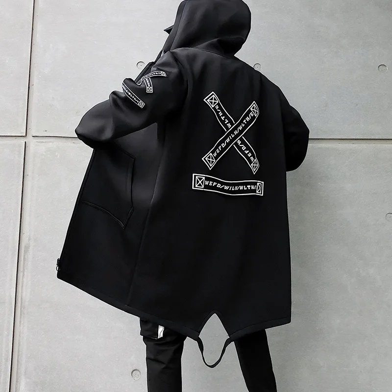 

Long Jacket Men Print Fashion 2019 Spring Harajuku Windbreaker Overcoat Male Casual Outwear Hip Hop Coats