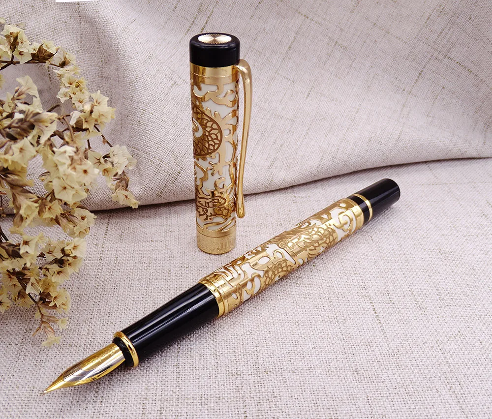 Jinhao 5000 винтажная Роскошная металлическая авторучка красивая текстура дракона резьба, желтая и Золотая чернильная ручка для офиса Бизнес