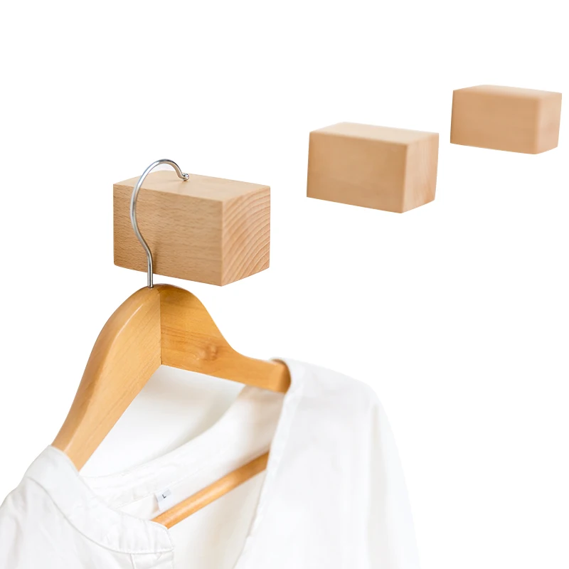 Square wood hook nail-free wall hanging clothes and hats hook Nordic solid wood porch hook
