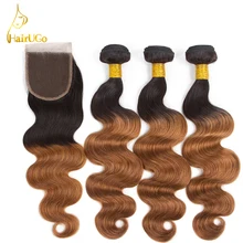 HairUGo Hair Pre-colored Malaysia Body Wave Omber #1B/30 Hair 3Bundles With Closure 100% Human Hair Non Remy Extensions