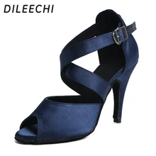 DILEECHI/туфли для латинских танцев; Темно-Синие атласные женские туфли на высоком каблуке 10 см; мягкая подошва