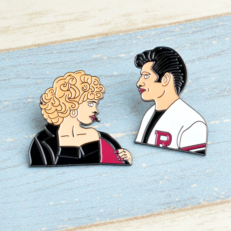 

Nostalgic movie actor pins Grease Sandy Danny Enamel pins denim badges Lapel brooches Romantic Festival jewelry Gifts for Lovers