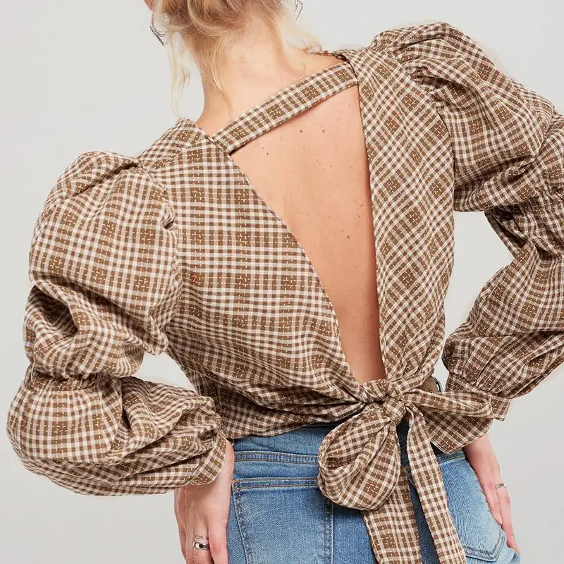  Aartiee Plaid blouses femininas elegant Dress women Sexy backless women top Vintage shirt female 20