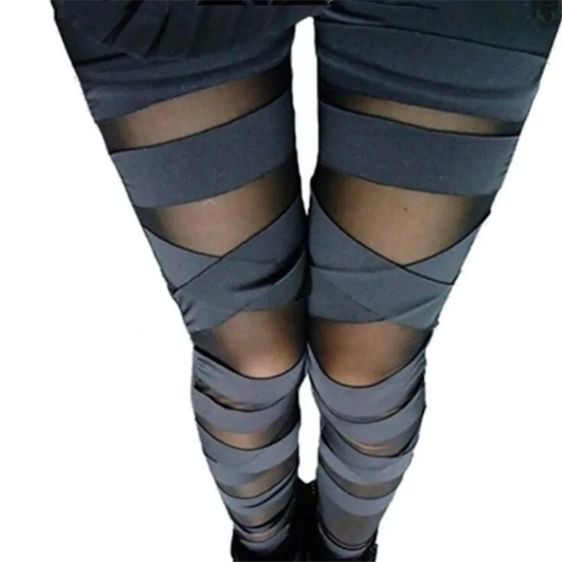 

YGYEEG Sexy Fashion Women Summer Legging See Through Stripe Cross Tie Up Nine Points Women Leggings Thin Slim Bandage Leggings