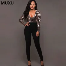 MUXU autumn sexy v neck sequin patchwork bodysuit black jumpsuit one piece jumpsuit long sleeve long club women jumpsuit bodycon black zip front v neck long sleeves bodycon jumpsuit