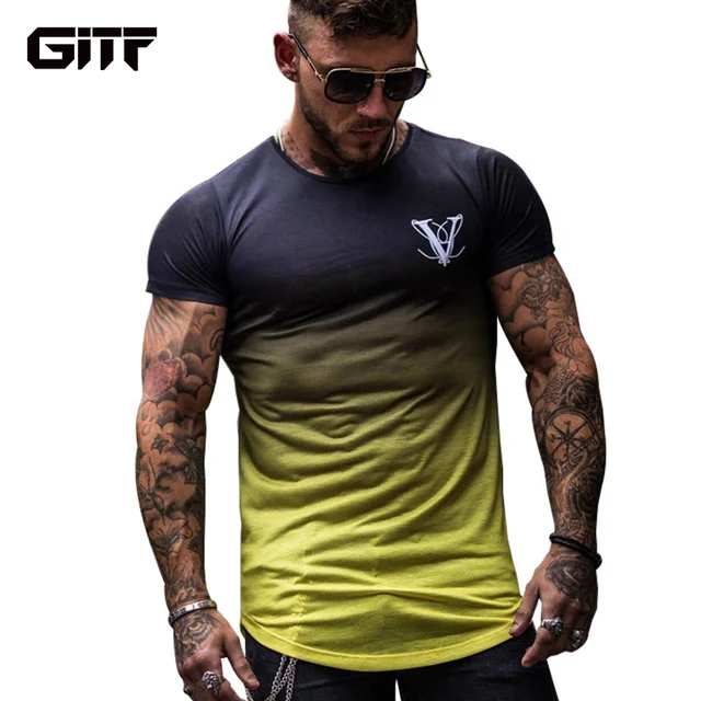 US $7.67 Gradient color 3D Printed Quick Dry Compression Men's T-Shirts Running Shirt Fitness Tight Tennis S