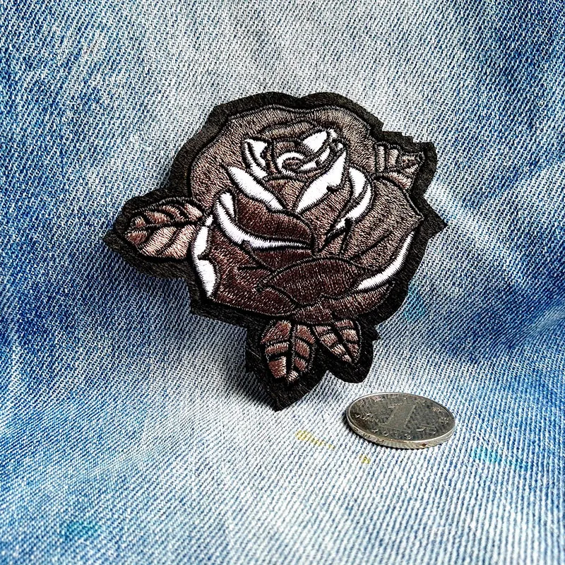 Black rose flower applique patch vintage badge embroidered applique