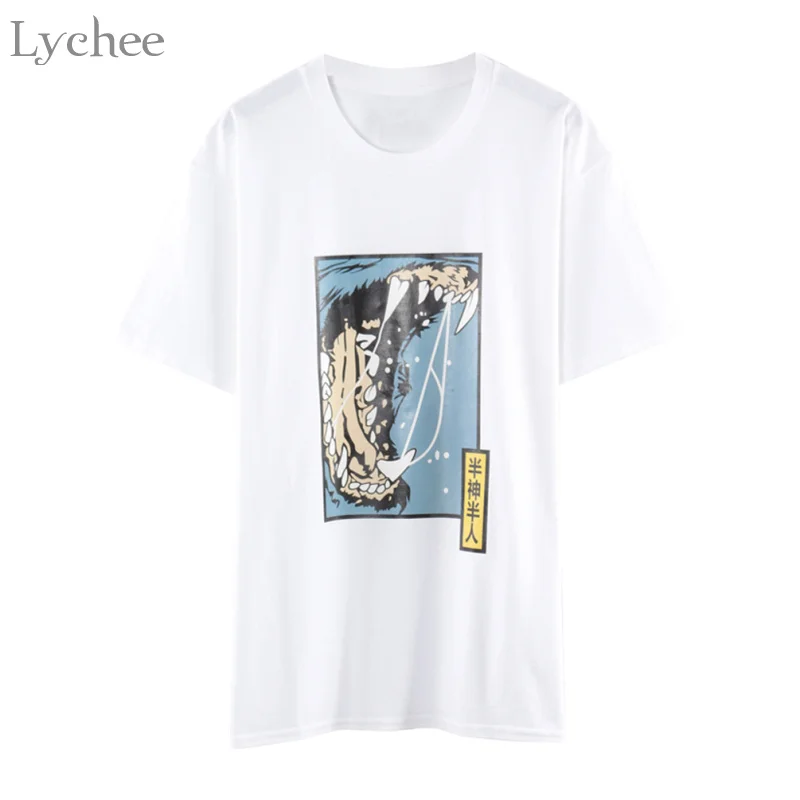 Lychee Harajuku панк Летняя женская футболка китайский зверь принт Повседневная Свободная футболка с коротким рукавом Футболка Топ