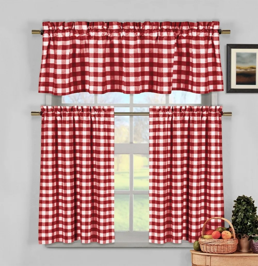 Red White Gingham Checkered Plaid Kitchen Tier Curtain Valance Set Red White Gingham Checkered Plaid