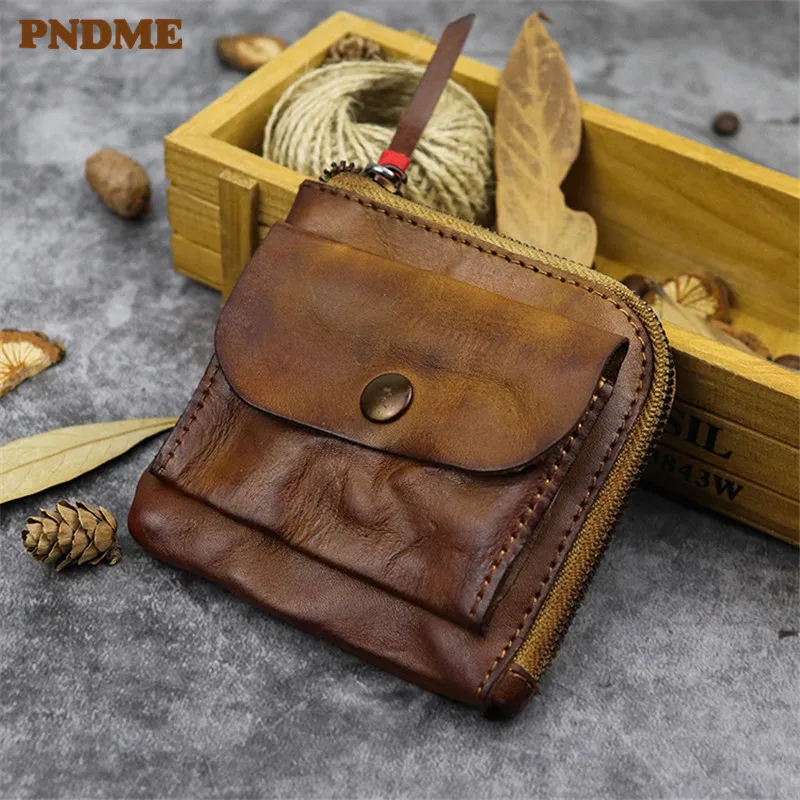 

PNDME vintage soft genuine leather coin purse simple high quality top layer cowhide handmade mini zipper money and cards bags