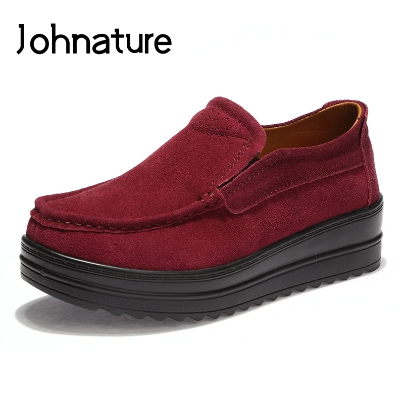 

Johnature 2019 New Spring/autumn Retro Round Toe Casual Sewing Slip-on Women Leather Shoes Med Heels Platform Wedges Pumps