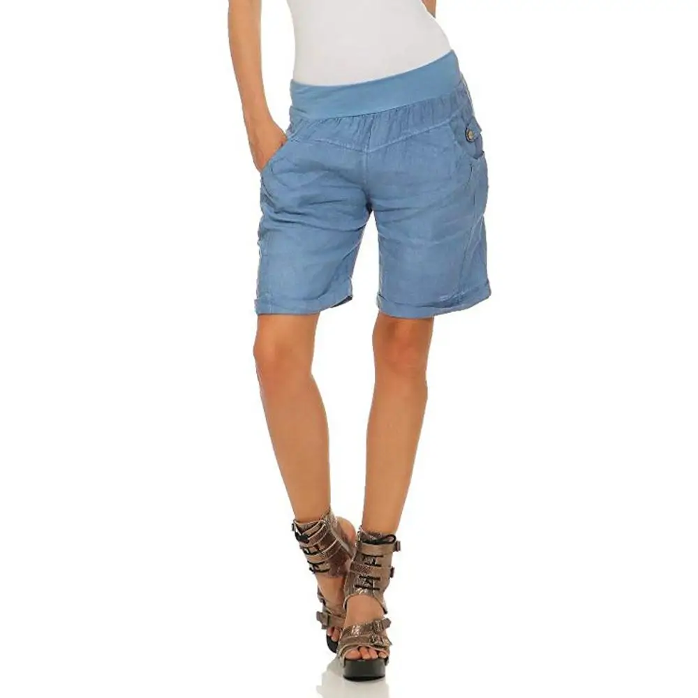 Женские летние шорты, пляжные, повседневные, одноцветные, эластичные, с высокой талией, на пуговицах, с карманами, широкие штаны, шорты, женские, с эластичной резинкой на талии, свободные шорты