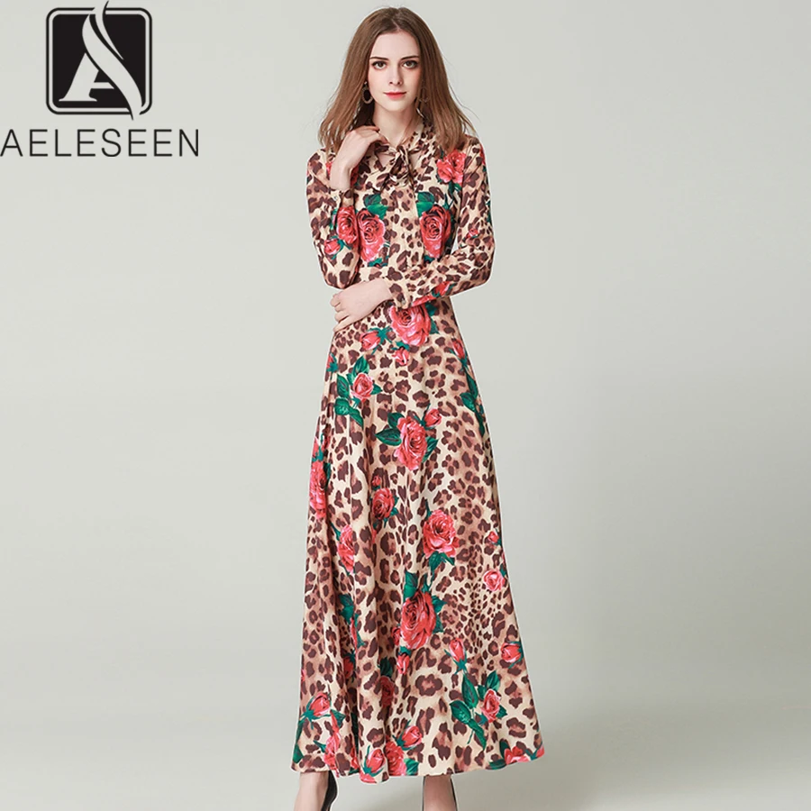 

AELESEEN Women Runway Design Dresses Summer 2019 High Quality Red Rose Leopard Bow Tie Notched Long Dress Maxi Printed Dress new