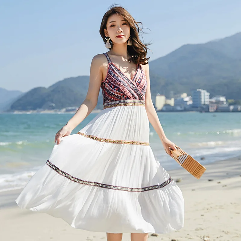 

Boho Women Mid-calf Dress Backless V Neck Beach Bohemia Dresses Sundress A-line Patchwork Spaghetti Strap Sleeveless Vestidos