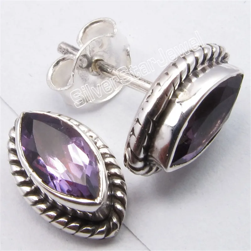 

Solid Silver Elegant AMETHYSTS Lightweight Lovely Studs Post Earrings 1.1CM Variation
