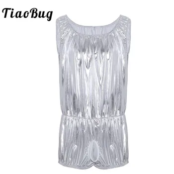 

TiaoBug Silver Men One-piece Shiny Faux Leather Sleeveless Stretchy Open Crotch Erotic Bodysuit Hot Sexy Gay Jumpsuit Underwear