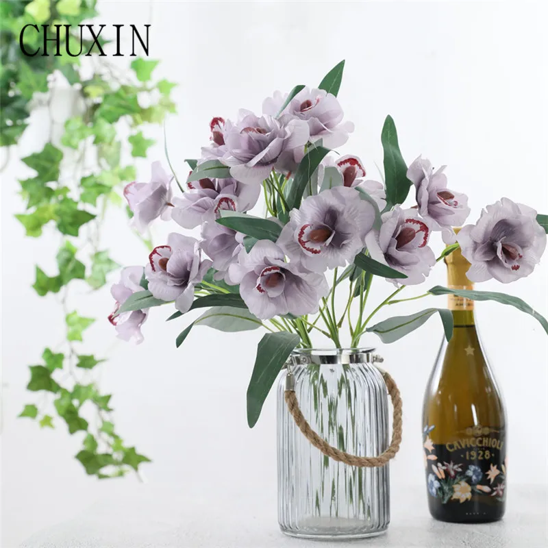 

European-style artificial flower 3 head short branch orchid DIY home decoration wedding scene decoration simulation flower 43cm