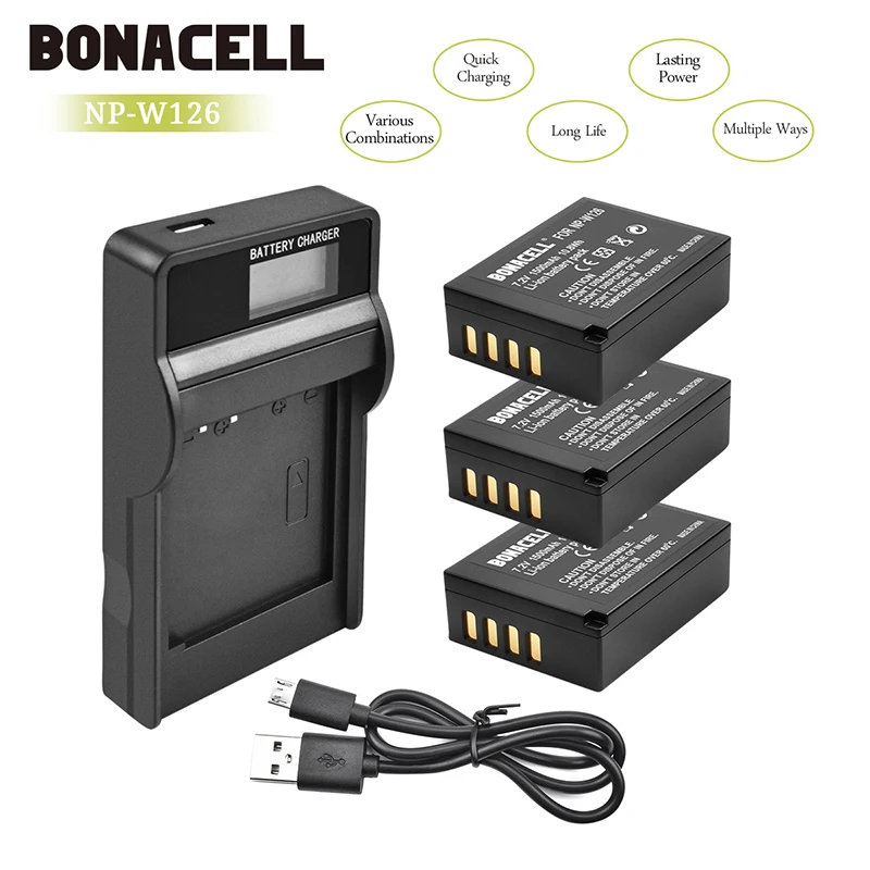 

bonacell 1500mAh for Fujifilm NP-W126 NP-W126S Battery LCD Charger X-M1 X-A1 X-T1 X100F X-T2 X-A10 X-E2S X-T20 HS30EXR X-Pro2