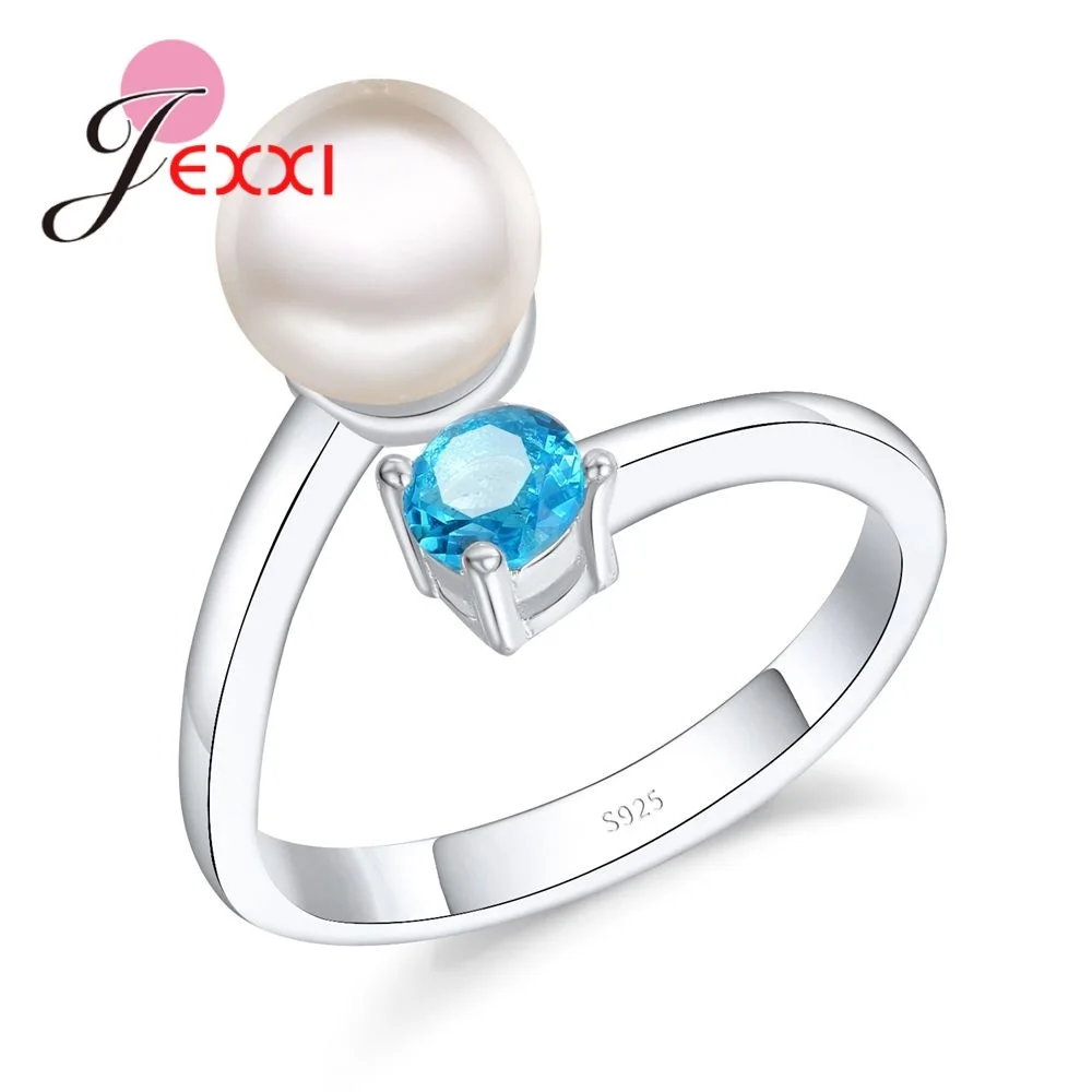 

JEXXI Elegant Simulated Pearl Jewelry Open Ring Women Trendy 925 Sliver jewelry bijoux Cute Gift white and Light Blue Color