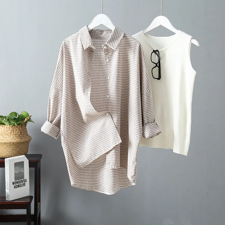  Women Vintage Blouse Plaid Shirts Boho Style OG0698