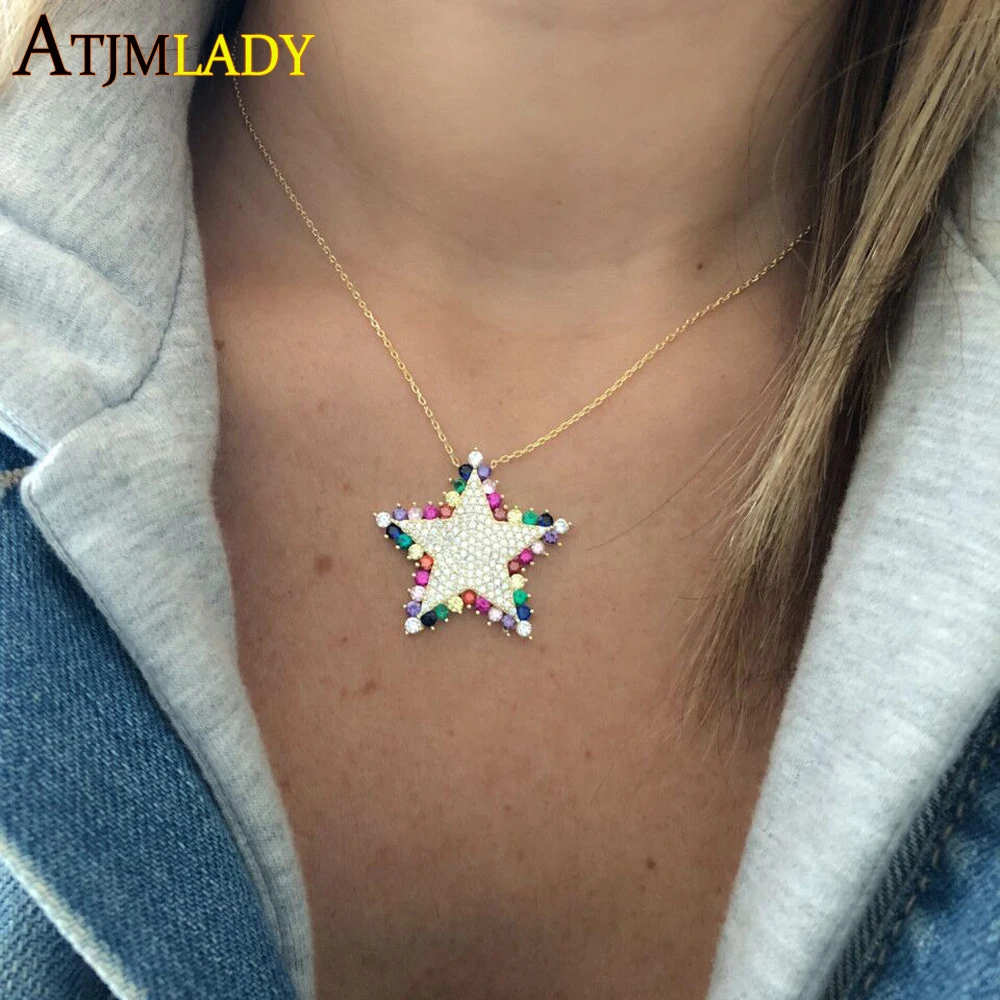 Sparking bling CZ ожерелье с кулоном в виде звезды для женщин красочная Радужная звезда cz