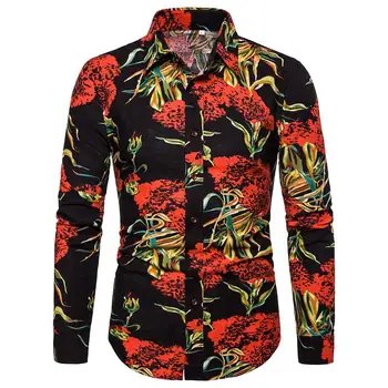 

Long sleeve Blouse Men's clothing Men Shirt Hawaiian Style Social Shirt Men Flower Linen Plus size Floral