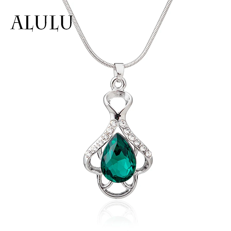 

New 2017 Wholesale Austria Crystal Jewelry Green Water Drop Pendants Necklaces White Gold Silver Plated for Women'S Gift