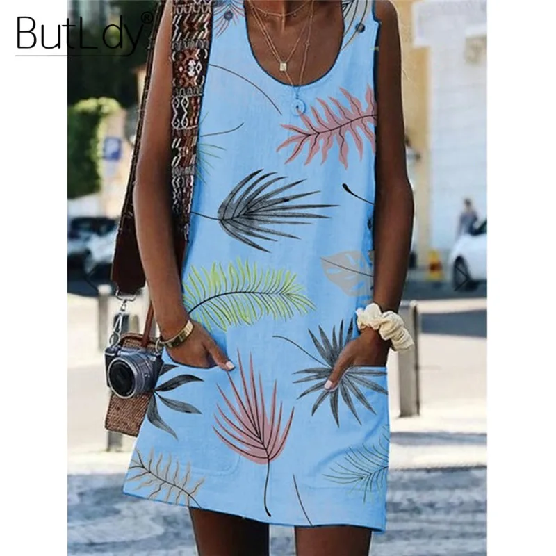 Summer 2019 White Short Tank Dress Women Leaf Printed Sleeveless Sexy Dress Plus Size 5XL Button Casual A-Line Ladies Dresses
