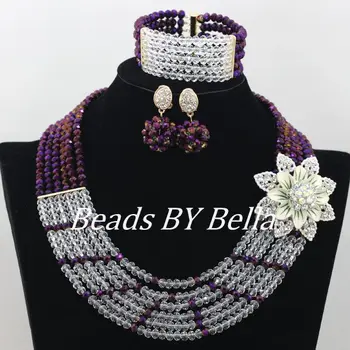 

Delicate Nigerian Party Beads Necklace African Jewelry Set White Purple Light Crystal Bridal Jewelry Sets Free Shipping ABF063