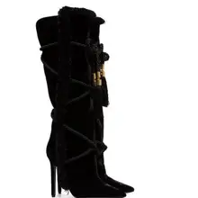 Пикантные женские черные сапоги до колена на шнуровке с кисточками замшевые туфли на высоком каблуке с острым носком пикантные шикарные ботинки Размеры 35-43