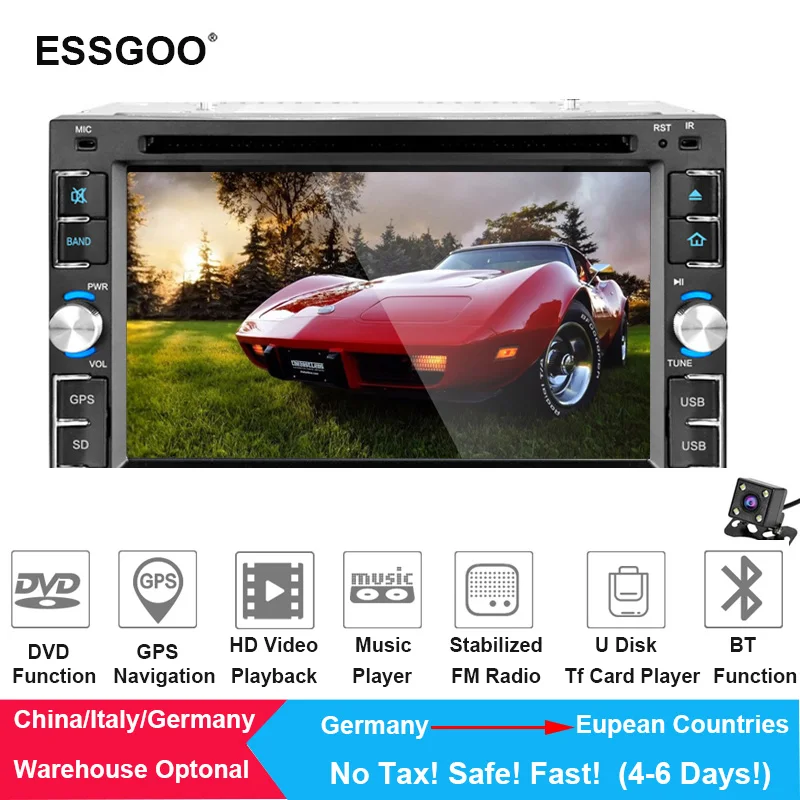 

Essgoo 6.2" 2 Din Radio Car DVD Player GPS Navigation Bluetooth Stereo Multimedia Player CD MP3 Rear View Camera Car Navigator