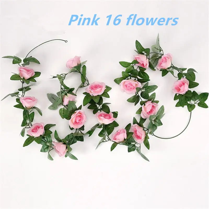 1pcs/lot 230-250cm Artificial Flowers Silk Roses Ivy Vine diy with Green Leaves Fake leaf artificial flowers for home decoration - Цвет: Pink-16 flower