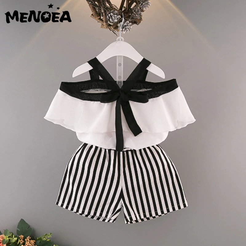 

Menoea Girls Sets Toddler Kids Baby Girl Fashion Clothes Short Sleeve Black Crop Tops+ Striped Shorts 2PCS Outfits Clothing Set