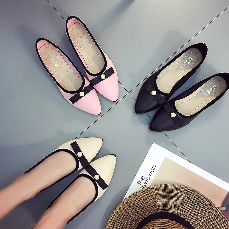 Unique Bout Chaussures Automne Asakuchi noir Glissement Cuir rose forme Appartements En Printemps Sur Pointu Plate Perle 2018 Mocassins Beige Femmes Plates O6q4t5xw