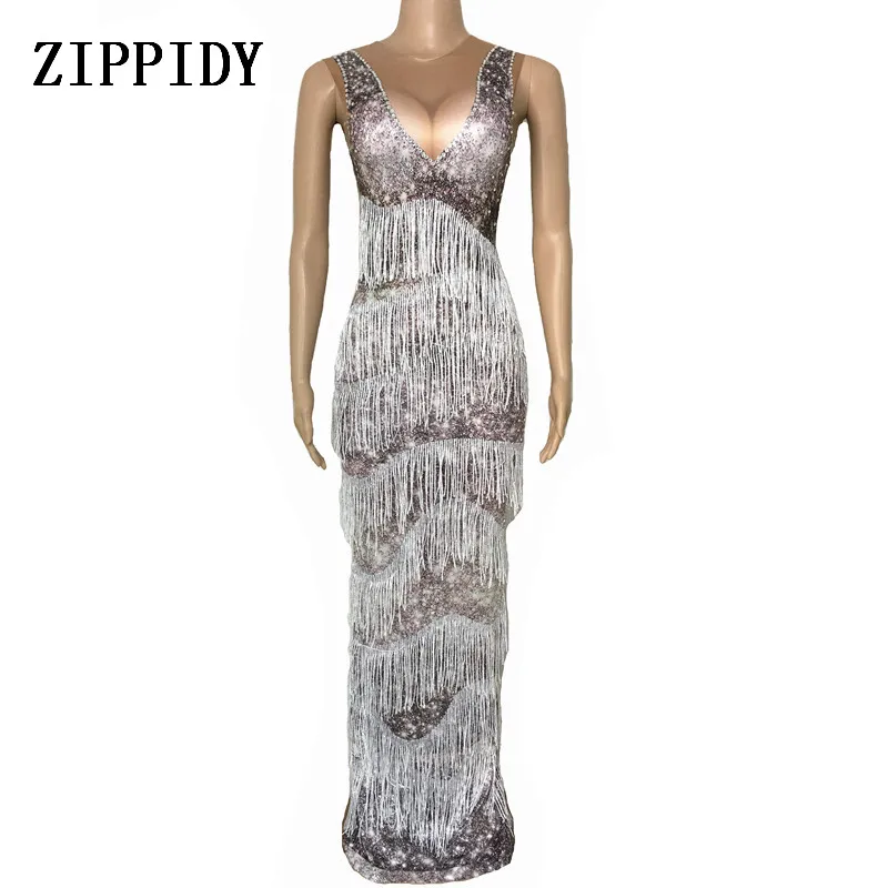 

Summer Long Dress Female Party Wear Sexy Gray Tassel Costume Women's Performance Birthday Celebrate Dresses Evening Outfit