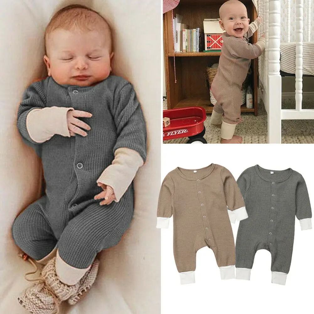 3-18M Newborn Baby Boy Girls One-Piece Jumpsuit Long Sleeve Single Breasted Romper Solid Playsuit Outfit