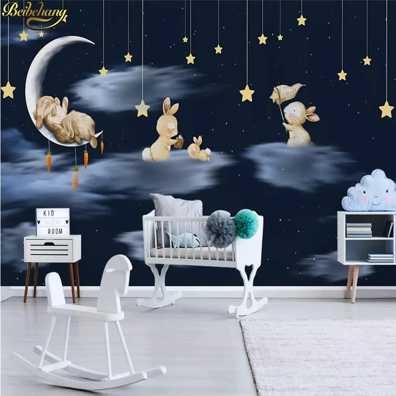 

beibehang Nordic minimalistic hand drawn cartoon wallpaper 3D rabbit sky night children's room background wall papers home decor