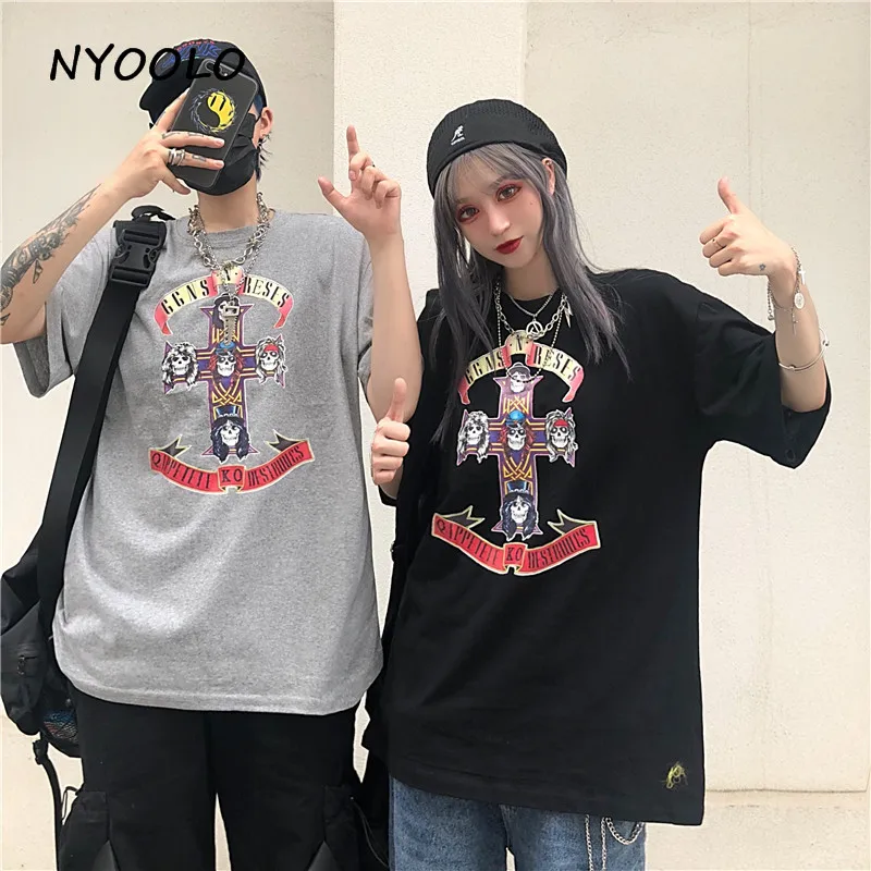 

NYOOLO Harajuku style Cross skull letters print tee shirt Summer streetwear loose O neck short sleeve t shirt women men tops tee