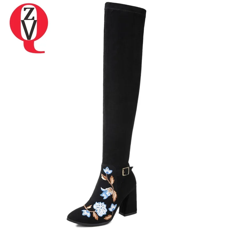 

ZVQ new fashion embroider pointed toe zip flock shoes women winter warm super high square heel black large size over knee boots