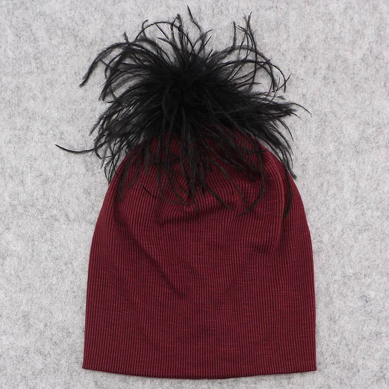 GZHILOVINGL/Новинка года; стильная зимняя теплая Шапка-бини в рубчик для женщин; настоящий Страус для девочек; меховая шапка с помпонами - Цвет: Wine red 3