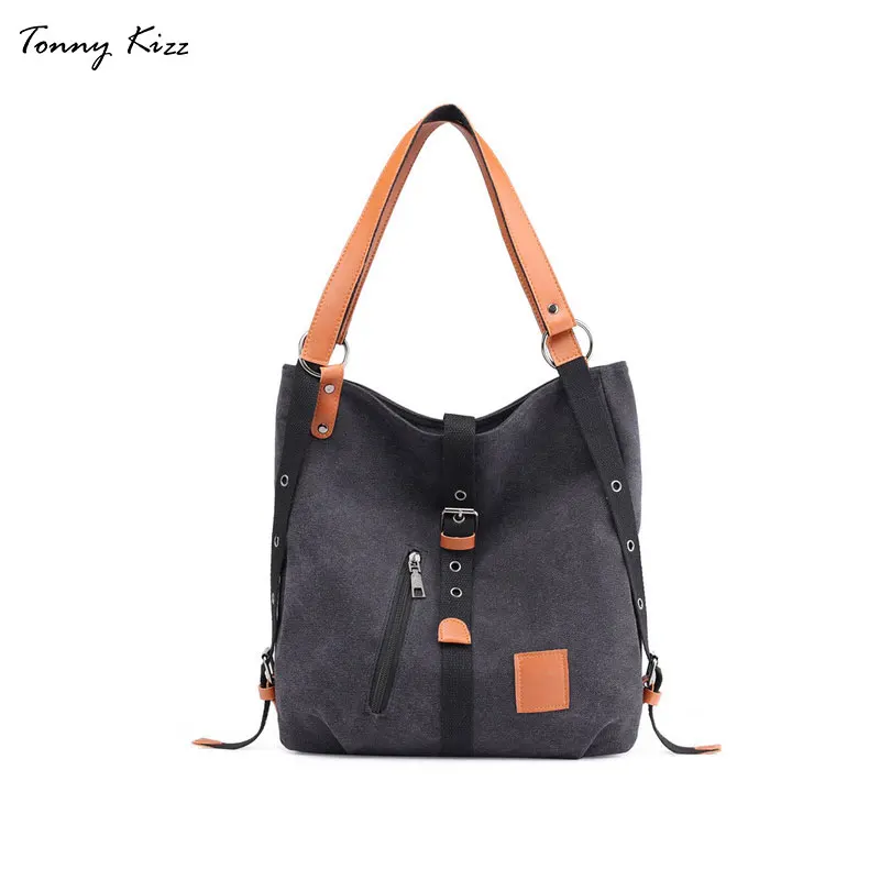 Tonny kiz холщовые женские сумки на плечо, высокое качество, многофункциональные женские рюкзаки для студентов, школы, дорожные сумки, большая ВМЕСТИТЕЛЬНОСТЬ - Цвет: Черный