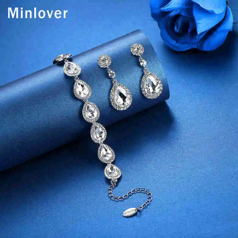 Minlover Серебряная цветная слеза кристалл свадебный браслет серьги наборы для женщин Свадебные Ювелирные наборы капли воды подарок EH070+ SL051