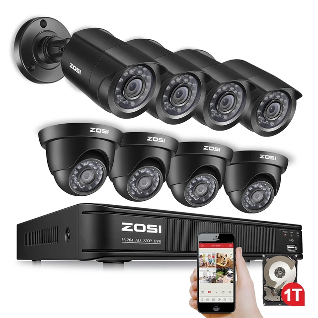 ZOSI 8CH Security Camera System 1080N DVR Reorder with (8) HD 1280TVL