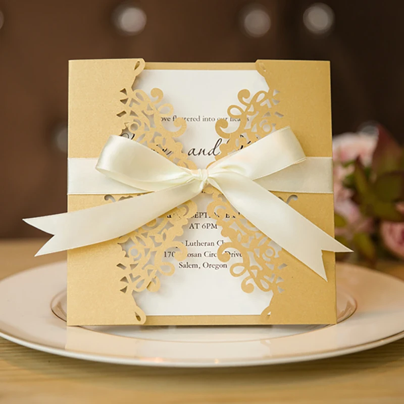  10 Kits Blank Inside Print Gold Laser Cut Invitations Cards Paper Customize Fold Ribbons Bow Weddin - 32867725309