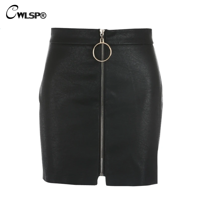 CWLSP High Waist PU Faux Leather Skirts Spring Winter Womens 2018 Popular Front Zipper Ring Mini Skirts Black Short Saia QZ1926
